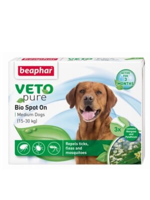 Beaphar Veto Pure Bio Spot On Dog - защита от бълхи, кърлежи и комари - 3 пипети от 2 мл. За средни породи между 15 и 30 кг.