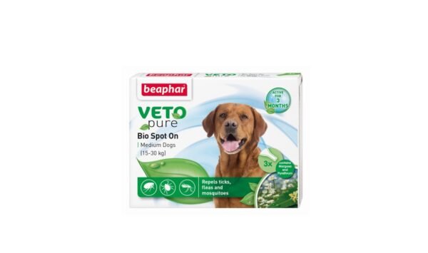 Beaphar Veto Pure Bio Spot On Dog - защита от бълхи, кърлежи и комари - 3 пипети от 2 мл. За средни породи между 15 и 30 кг.