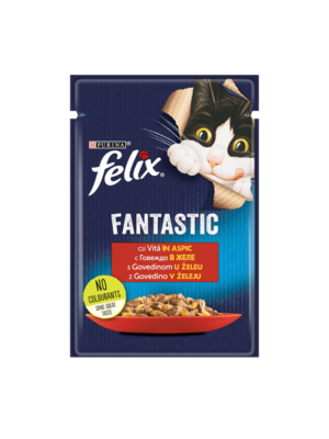 Пауч за котки Felix Fantastic с говеждо месо в желе - 85 гр.