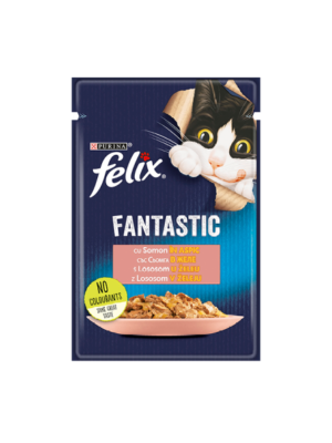 Пауч за котки Felix Fantastic с месо от сьомга в желе - 85 гр.
