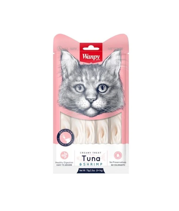 Wanpy Creamy Tuna & Shrimps 5 x 14гр - кремообразно лакомство за котки с риба тон и скариди, 5 порции